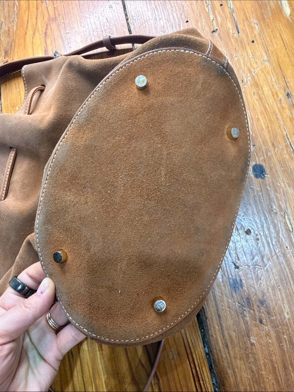 J. McLaughli Suede Leather Drawstring Hobo Bucket Brown Crossbody Bag Purse - Picture 7 of 13